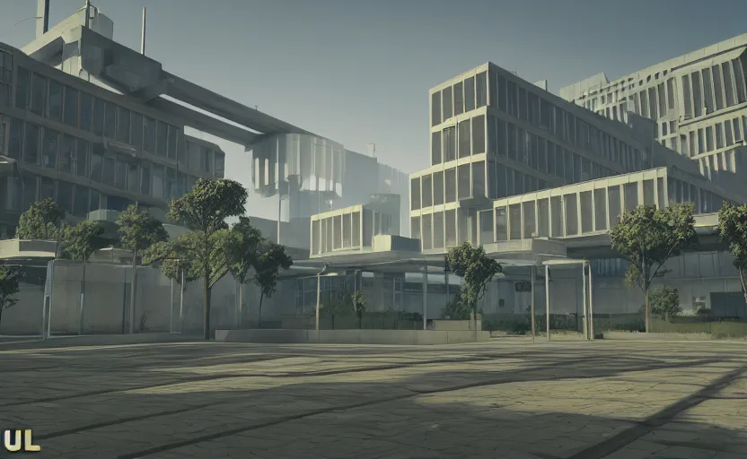 Prompt: screenshot of game on unreal engine 5, a large government building with a security checkpoint, no windows, garden terraces, inner city, photorealistic, retrofuturism, brutalism, minimalist, soft vintage glow