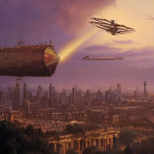 Image similar to a steampunk airship flies over santiago of chile, purple dawn, costanera center, by greg rutkowski and ivan shishkin