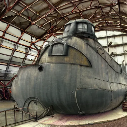 Image similar to Colour photo of steampunk submarine at dry dock