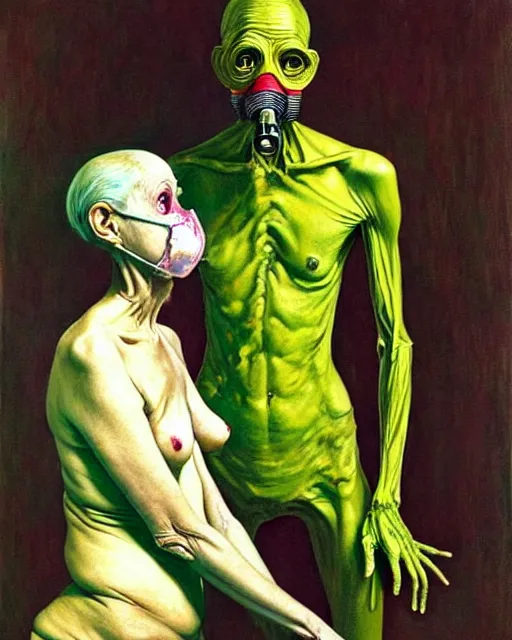 Prompt: two skinny old people with extra limbs, wearing gas masks, cinematic, dystopian, eerie, horror, gothic, draped in gold, green and pink, highly detailed painting by (((Jenny Saville))), Esao Andrews, Francis Bacon, !!!Edward Hopper!!! surrealism, art by Takato Yamamoto and James Jean