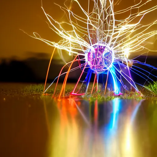 Image similar to river, bokeh, hyperdodecahedron, tesla coil