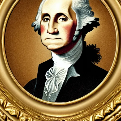 Image similar to a photorealistic colored pencil sketch of a happy George Washington wearing a gold chain around his neck with a small Doubloon coin attached as a necklace. This 4K HD image is Trending on Artstation, featured on Behance, well-rendered, extra crisp, features intricate detail and the style of Unreal Engine.