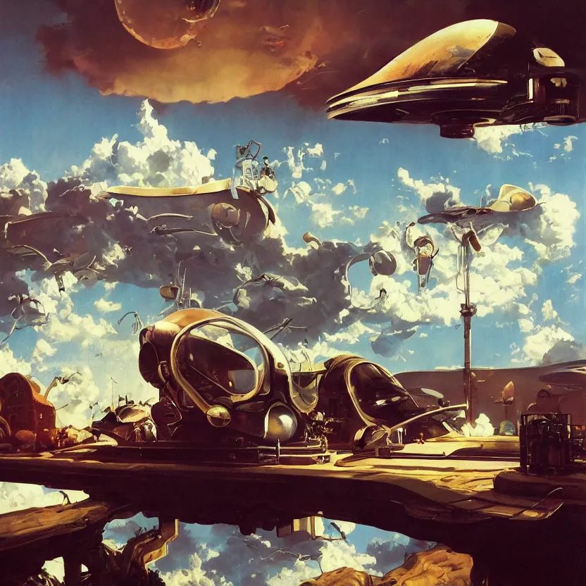 Prompt: highly detailed science fiction painting turned into a diorama sculpture depicting a futuristic lounge room on the edge of a meadow with billowing clouds. styling by norman rockwell, frank frazetta, and syd mead. rich colors, high contrast, gloomy atmosphere. trending on artstation.