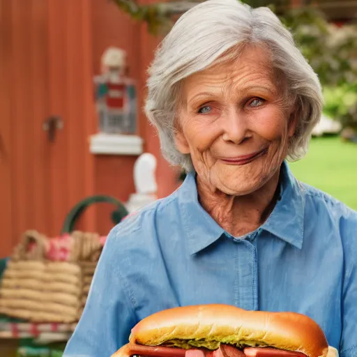 Prompt: old woman and her priceless hot dog, promotional photo from the antiques roadshow, uhd, 8k,