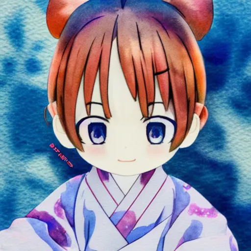 Image similar to water color toon rendering character face portrait of a singular kawaii chibi in the sytle of kyoto animation, in simple background, nendoroid eyes, anime waifu, ukiyoe