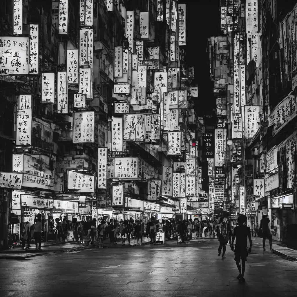 Image similar to a moody 2 0 0 mm photo of of someone walking in a busy street in hong kong at night, neon lights