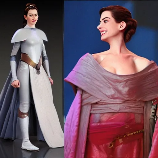 Image similar to Anne Hathaway as Padme Amidala, full body, hyper detailed, city street