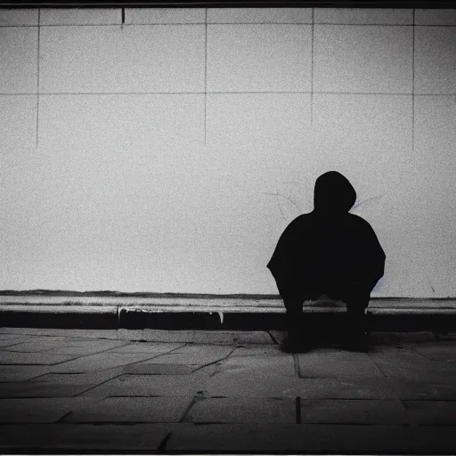 Image similar to a picture of a shadowy figure sitting on pavement deep underwater, godrays, black-and-white, 35mm