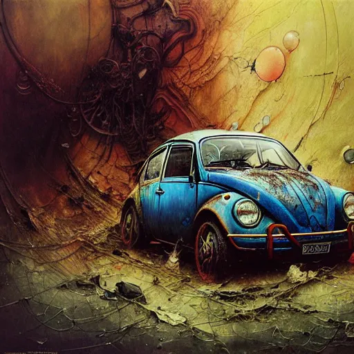 Prompt: realistic detailed image of Beaten up old VW Bettle by Ayami Kojima, Amano, Karol Bak, Greg Hildebrandt, and Mark Brooks, Neo-Gothic, gothic, rich deep colors. Beksinski painting, part by Adrian Ghenie and Gerhard Richter. art by Takato Yamamoto. masterpiece