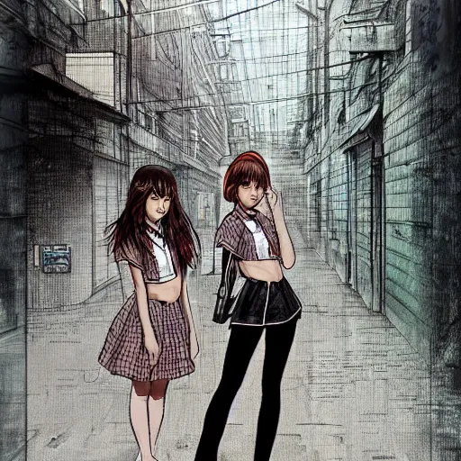 Image similar to a perfect, realistic professional digital sketch of a Japanese schoolgirls posing in a sci-fi alleyway, style of Marvel, full length, by pen and watercolor, by a professional American senior artist on ArtStation, a high-quality hollywood-style sketch, on high-quality paper