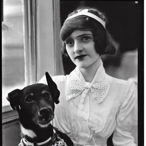 Image similar to a vintage snapshot from the 1 9 2 0 s shows a pale - skinned archduchess with shoulder - length white hair posing with her dog, a jack russell terrier, outside an open window. she wears a fancy white shirt with a big bowtie, along with a dark - colored skirt. she wore her wristwatch over the cuff of her blouse in the manner of gianni agnelli.