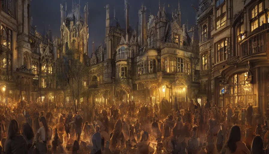 Image similar to neo - gothic london's zoo with crowded place at night, clear, clean, lights, hyperdetailed, artstation, cgsociety, 8 k