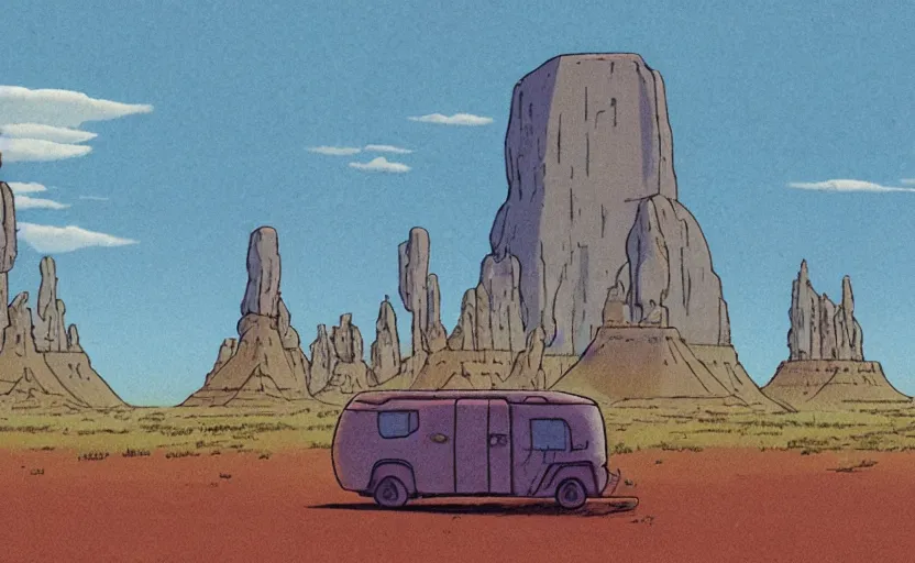 Prompt: a cell - shaded studio ghibli concept art from paprika ( 2 0 0 6 ) of a spaceship from close encounters of the third kind ( 1 9 7 7 ) sitting on top of a lush temple that looks like monument valley stonehenge jungle. a caravan is in the foreground. very dull colors, portal, hd, 4 k, hq