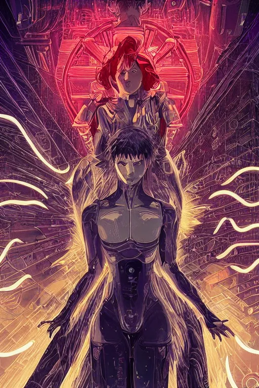 Image similar to white arc-angel with mystic robotic wings, blade runner, akira, ghost in the shell, 2077, style of Laurie Greasley and Satoshi Kon + symmetric lights and smoke, psychedelic effects , glowing particles, neon rain, glowing runes, de-noise, symmetrical composition, high detailed + tarot card, ornate border, 8k