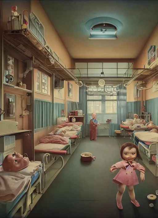 Image similar to highly detailed wide - angle portrait of a retro 1 9 6 0 s hospital, nicoletta ceccoli, mark ryden, lostfish, earl nore, hyung tae, frank frazetta, global illumination, god rays, detailed and intricate environment