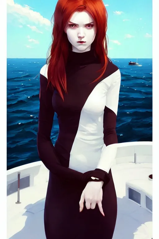 Image similar to beautiful pale vampire with auburn hair in a white turtleneck dress, on a super yacht, by guweiz and wlop and ilya kuvshinov and and moebius, artgerm, symmetrical eyes, aesthetic, gorgeous, stunning, alluring, attractive, half body portrait, artstation, deviantart, pinterest, digital art