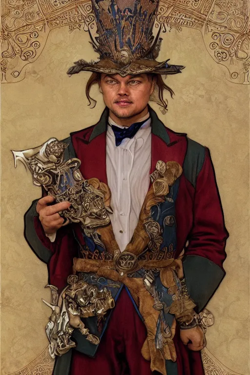 Prompt: Leonardo DiCaprio as a jester, detailed full body portrait by james gurney and artgerm and Mucha, amazing detail, intricate, stunning inking lines, 4K, character design, concept art