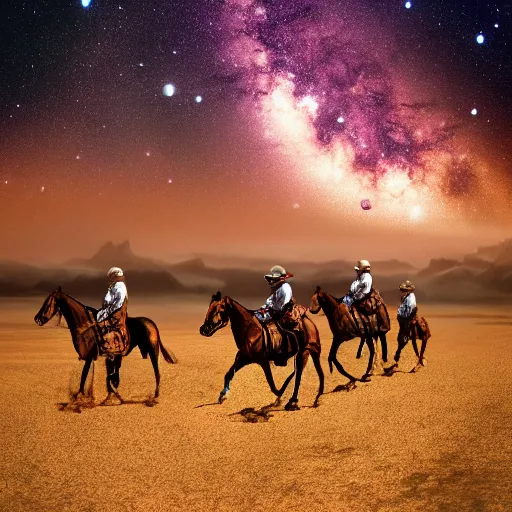 Prompt: cowboys riding through outer space, space cowboys, milky way, 8k photography