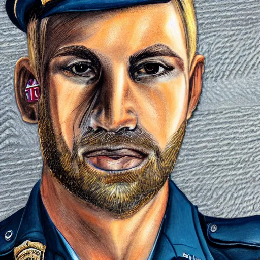 Image similar to portrait of a blonde police officer with short hair and a patchy beard, close up, grimy streets backdrop, detailed, art by loran desore