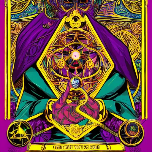 Prompt: digital tarot card painting of a powerful warlock, hyperdetailed, vivid colors, beautiful, magic spell, by Dan Mumford, trending on Artstation