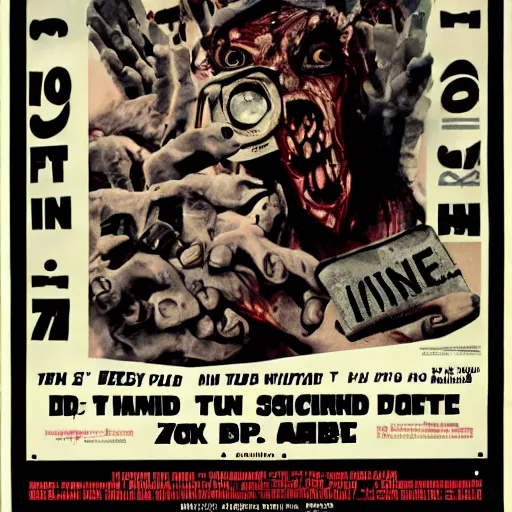 Image similar to old film poster zombie wearing vr, text reads zombie,!!!!!!!!! zombie!!!!!!!!!
