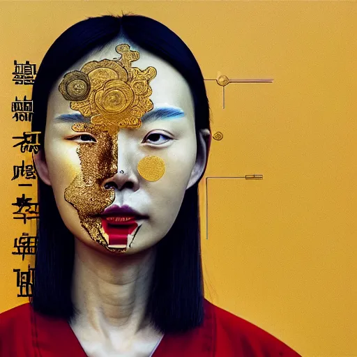 Prompt: portrait of a chinese woman :: side profile :: blood :: background sea :: intricate details in gold :: clockwork oxygen implant :: 8k :: simon stalenhag and Sandra Chevrier