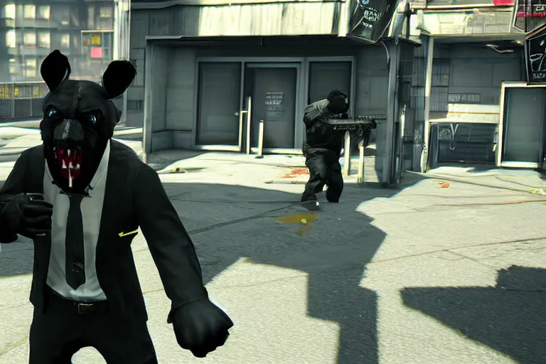 Image similar to Screenshot from the PC game Payday 2 demonstrating the fursuit unlock