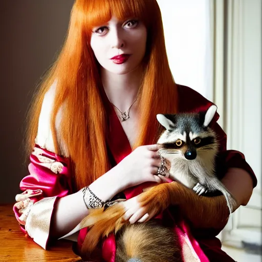 Image similar to a stunning hyper-detailed photo of a slender beautiful woman with straight long ginger hair and bangs, wearing a luxurious silk robe, wearing headphones and posing with her large ginger tabby cat and raccoon and parrots in a red overstuffed easy chair in her Victorian living room, holding a porcelain parrot-shaped coffee mug and a donut, perfect eyes, fashion photography, dramatic cinematic lighting, octane render, IBEX Masters, unreal engine, 85 mm lens, paisley wallpaper