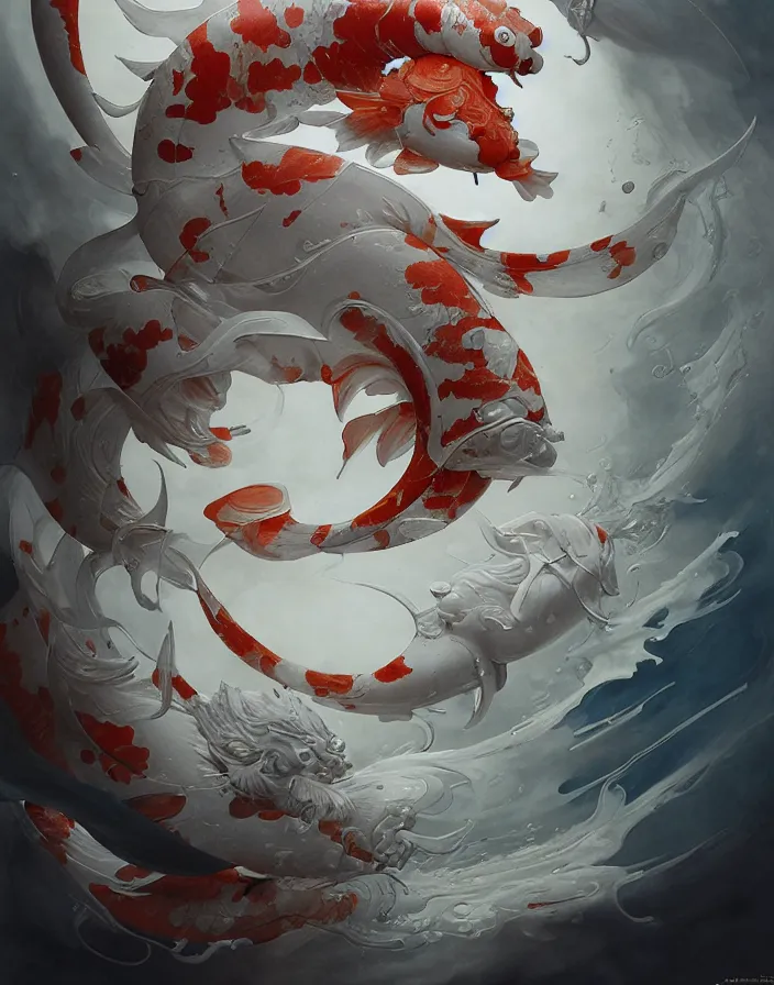 Image similar to subsurface scattering, white, koi, samurai deity with koi armor, art nouveau swirls, octane render, by jesper ejsing, james jean, justin gerard, tomasz alen kopera, cgsociety and fenghua zhong, highly detailed, rim light, cinematic lighting, art, very coherent, cinematic, hyper realism, high detail, 8 k