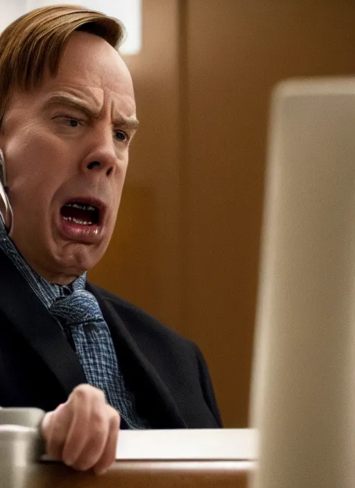 Prompt: screencap from better call saul episode, 'chuck mcgill'!! screaming, testifying on witness stand, plugging his nose, green stink fumes coming from rear, people running