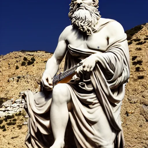 Image similar to epic greek marble statue of a bald man with a long beard, playing a guitar, photo, chiaroscuro