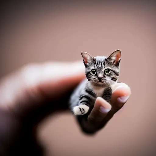 Prompt: tiny, tiny, microscopic cat, sitting on man's fingertip, macro, bokeh, open hand