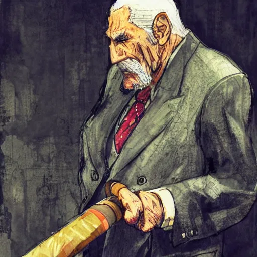 Prompt: old man and his cigar , Artwork by Akihiko Yoshida