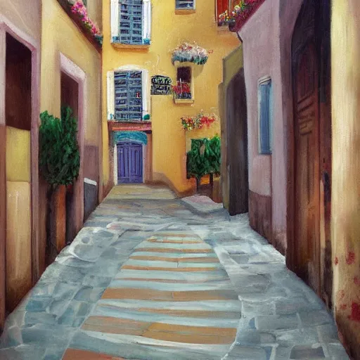 Prompt: our lost honeymoon by clara memette. painting inspired by italian streets. dim romanticism
