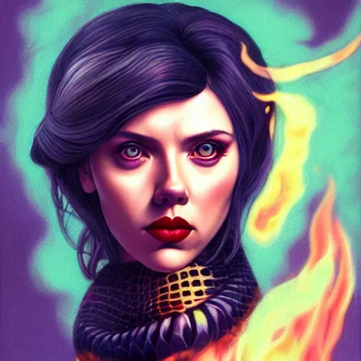 Image similar to lofi female demon portrait of scarlett johansson, fire and flame, big long hell serpent dragon, Pixar style, by Tristan Eaton Stanley Artgerm and Tom Bagshaw.