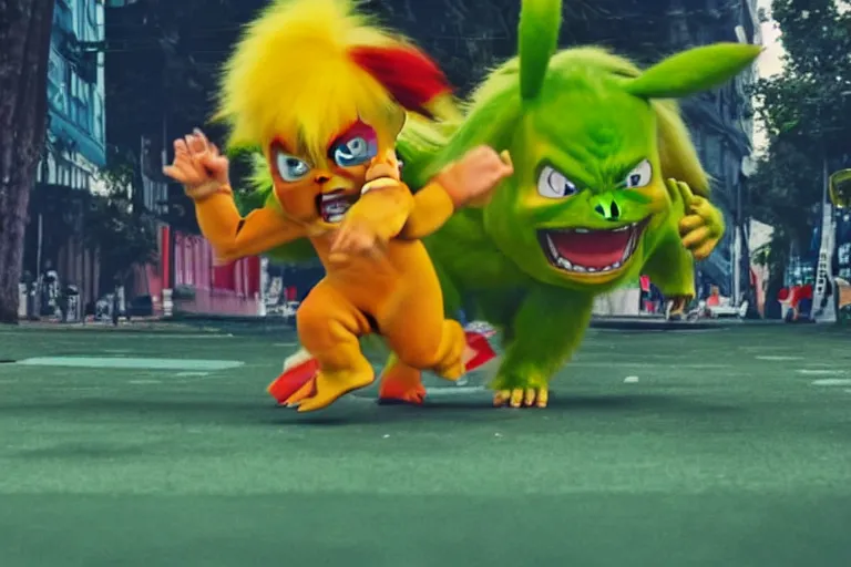 Prompt: Blanka and Pikachu running together, both on all fours