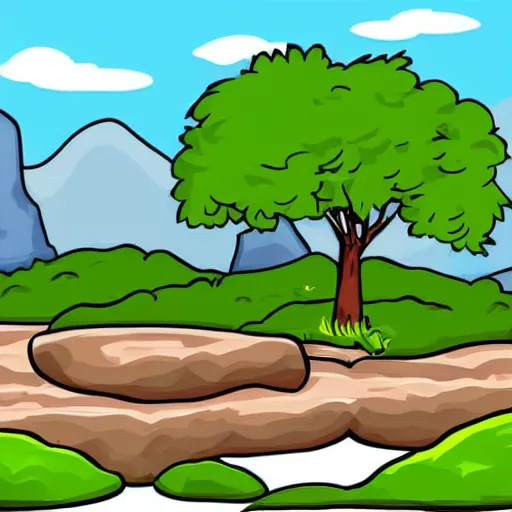 Image similar to a beautiful landscape, river, rocks, trees, cartoon