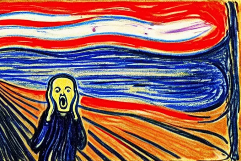 Image similar to Edvard Munch's 'the scream but with kanye west and music notes', painting, expressionism, music notes, music notes