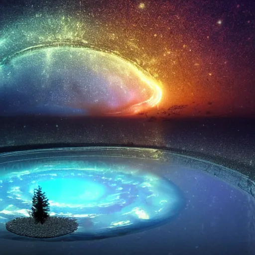 Image similar to lake made of the eternal that is reflecting the cosmos at night with countless stars, superior quality, intricate quality, viscous liquid, surreal, highly detailed, real camera, real photo, award winning quality, 8 k, art by artstation