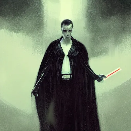 Image similar to portrait of a man by greg rutkowski, he looks like a vampire, long black messy hair, very tall and slender, star wars expanded universe, wearing black robes, he is about 3 0 years old, highly detailed portrait, digital painting, artstation, concept art, smooth, sharp foccus ilustration, artstation hq