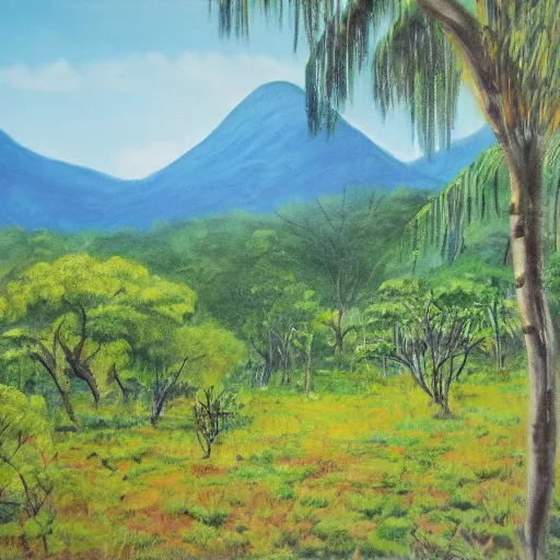 Prompt: a nicaraguan forest in spring, mountains in the background, oil in canvas