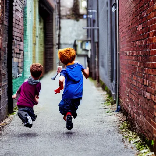 Image similar to kids running down a school alleyway in a hype, photorealistic, 4k, award-winning