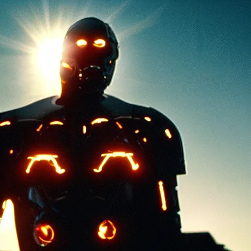 Prompt: movie still of cyborg made of the sun, cinematic composition, cinematic light, criterion collection, by edgar wright