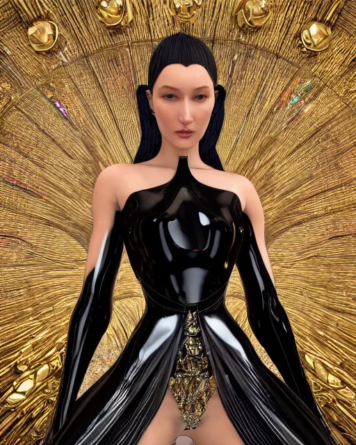 Prompt: a highly detailed metahuman 4 k close up render of a bella hadid in a black latex outfit monument renaissance in iris van herpen dress schiaparelli in diamonds crystals swarovski and jewelry iridescent in style of alphonse mucha gustav klimt trending on artstation made in unreal engine 4