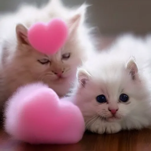 Image similar to hyper realistic photograph of the cutest fluffiest kittens rolling around playfully with cute pink hearts in the background