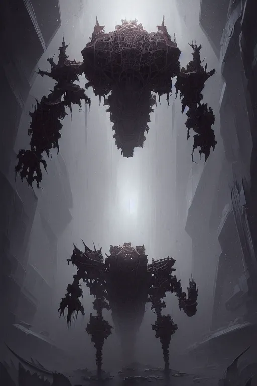 Image similar to professional concept art of a symmetrical fractal ominous floating robotic terrifying thing in a dark room by artgerm and greg rutkowski ( thin white border ). an intricate, elegant, highly detailed digital painting, concept art, smooth, sharp focus, illustration, in the style of cam sykes, wayne barlowe, igor kieryluk.