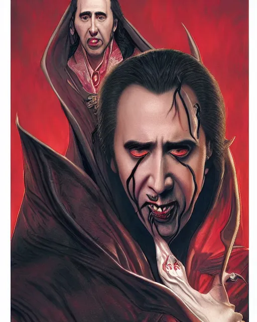 Image similar to nicolas cage as dracula vampire, highly detailed, centered, artstation, concept art, smooth, sharp focus, illustration, bokeh art by artgerm and donato giancola and joseph christian leyendecker