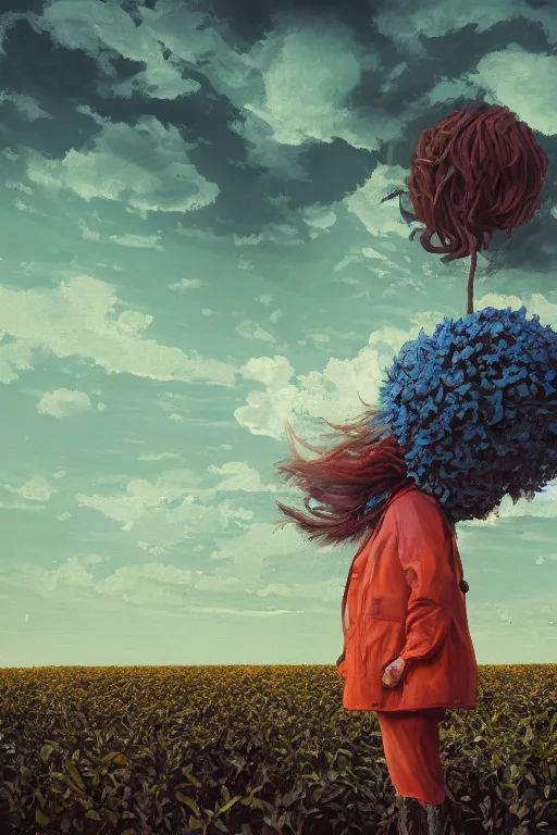 Prompt: portrait, giant flower head, a girl with coat between hedges, surreal photography, wind and cold, dramatic sky, impressionist painting, digital painting, artstation, simon stalenhag