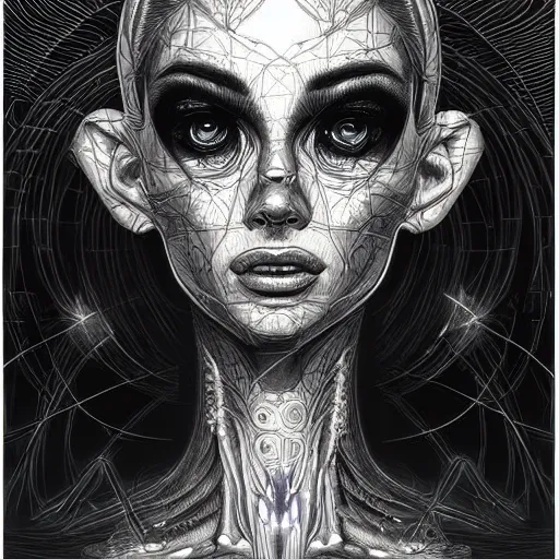 Image similar to holographic headset interface painted in alex grey style drawn by vania zouravliov, inspired by ooioo and sorayama and ikeuchi, intricate manga drawing, black and white, 3 d, high detail, sharp high detail, artstation, octane