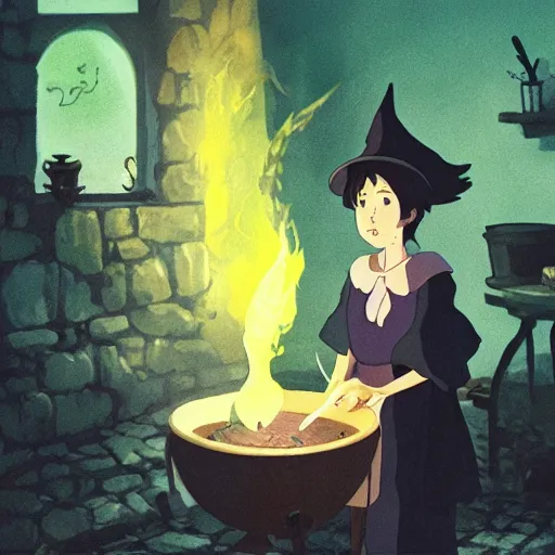 Image similar to a witch adding ingredients to her cauldron, concept art, ambient lighting lit only by the fires glow, studio Ghibli